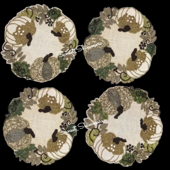 4 Nicole Miller Thanksgiving Beaded WHITE PUMPKIN Jute Placemat Chargers New